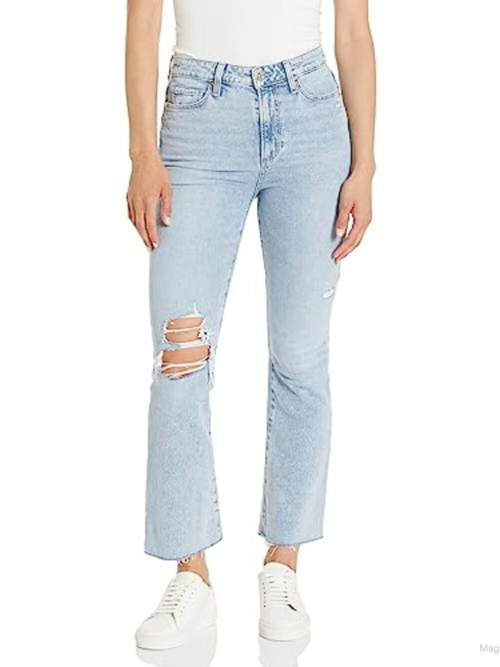 High Rise Ankle Flare Jeans Raw Hem Denim